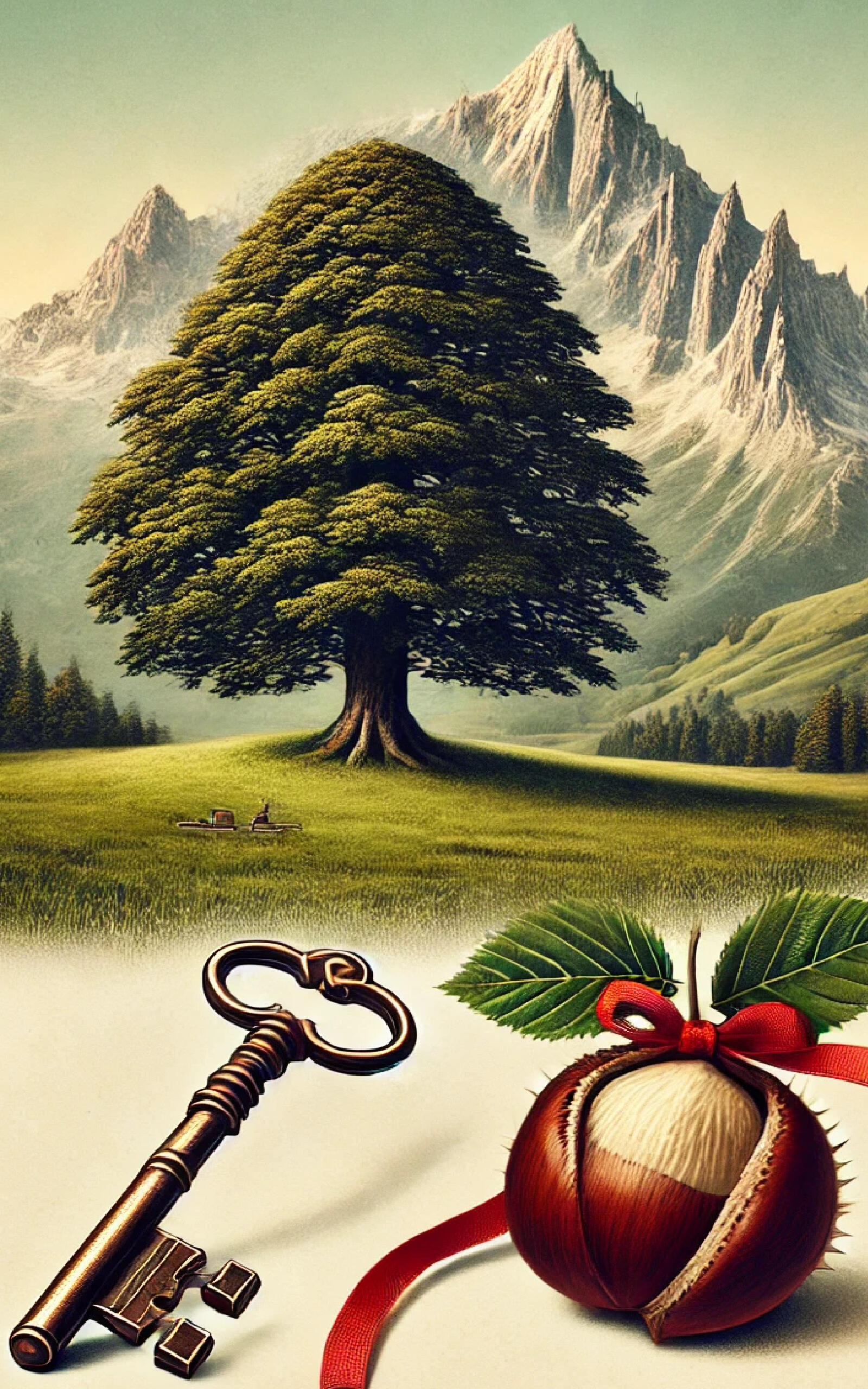Esprit de Montagne Illustration Esprit de Montagne : un grand marronnier majestueux au pied de montagnes escarpées, avec une clé ancienne et un marron noué d'un ruban rouge au premier plan. Symbole de nature et de résilience